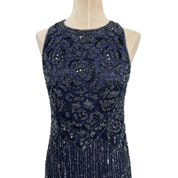 Theia Sequin Sheath Dress Embellished Beaded Sleeveless Navy Blue Size US 4 - Picture 3 of 13
